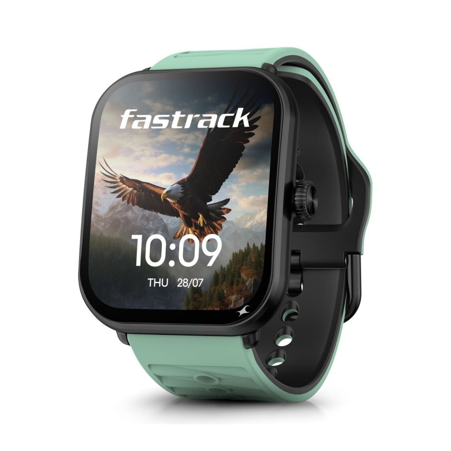 Green AMOLED smartwatch with round display and mint silicone strap
